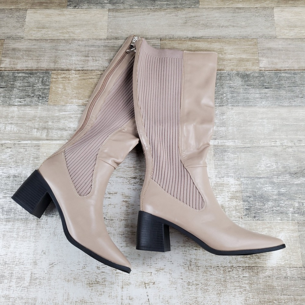 Journee Collection Winny Womens Boot Sz 9.5 Taupe Leather Pointed Toe Block Heel